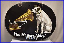 Vintage His Master Voice Sign Board Porcelain Enamel Double Sided Oval Shape