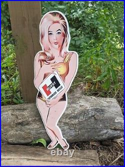 Vintage Hurst Outlet Auto Part Blonde Girl Porcelain Metal Die Cut Sign 14 X 4