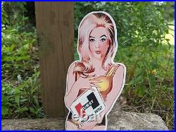 Vintage Hurst Outlet Auto Part Blonde Girl Porcelain Metal Die Cut Sign 14 X 4