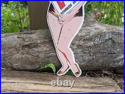 Vintage Hurst Outlet Auto Part Blonde Girl Porcelain Metal Die Cut Sign 14 X 4