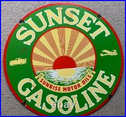 Vintage Large Enamel Advertising Sign Sunset Oil Antique Classic Cars Man Cave