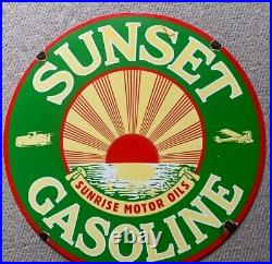 Vintage Large Enamel Advertising Sign Sunset Oil Antique Classic Cars Man Cave