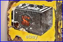 Vintage Lion Batteries Commercial Heavy Duty Sign Porcelain Enamel Advertising
