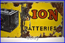 Vintage Lion Batteries Commercial Heavy Duty Sign Porcelain Enamel Advertising