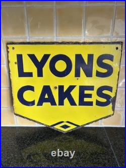 Vintage Lyon's Cakes Enamel Yellow Advertising Sign Double sided Original