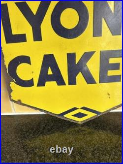 Vintage Lyon's Cakes Enamel Yellow Advertising Sign Double sided Original