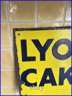 Vintage Lyon's Cakes Enamel Yellow Advertising Sign Double sided Original