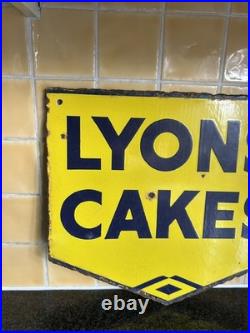 Vintage Lyon's Cakes Enamel Yellow Advertising Sign Double sided Original