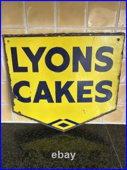 Vintage Lyon's Cakes Enamel Yellow Advertising Sign Double sided Original