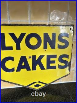 Vintage Lyon's Cakes Enamel Yellow Advertising Sign Double sided Original