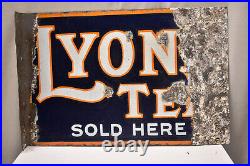 Vintage Lyon's Tea Sold Here Sign Board Porcelain Enamel Flange Double Sided 2