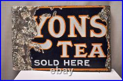 Vintage Lyon's Tea Sold Here Sign Board Porcelain Enamel Flange Double Sided 2