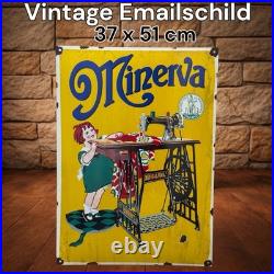 Vintage MINERVA Sewing Machine Enamel Advertisement Sign Plaque
