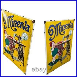 Vintage MINERVA Sewing Machine Enamel Advertisement Sign Plaque