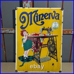 Vintage MINERVA Sewing Machine Enamel Advertisement Sign Plaque