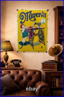 Vintage MINERVA Sewing Machine Enamel Advertisement Sign Plaque