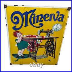 Vintage MINERVA Sewing Machine Enamel Advertisement Sign Plaque