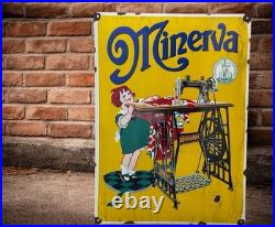 Vintage MINERVA Sewing Machine Enamel Advertisement Sign Plaque
