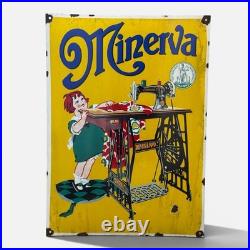 Vintage MINERVA Sewing Machine Enamel Advertisement Sign Plaque