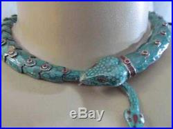 Vintage Mexico Sterling Silver Green Enamel Snake articulated Necklace Signed