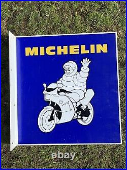 Vintage Michelin Man Flange Enamel Sign Advertising Petrol Oil Old Double Sided