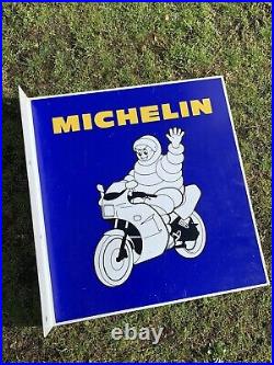 Vintage Michelin Man Flange Enamel Sign Advertising Petrol Oil Old Double Sided
