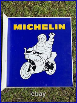 Vintage Michelin Man Flange Enamel Sign Advertising Petrol Oil Old Double Sided