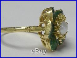Vintage Museum Quality 18 K Solid Gold Enamel And Pearl Ring, Signed, Size8