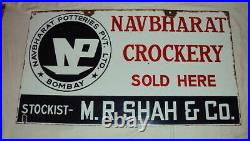 Vintage NAVBHARAT CROCKRY Porcelain Enamel 2 SIDED Sign