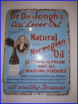 Vintage Old Dr. De Jongh's Cod Liver Norwegian Pharma Oil Enamel Sign London