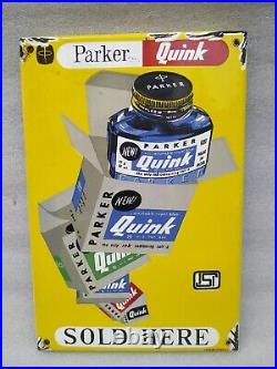 Vintage Old Original Porcelain Enamel Ad Sign Parker Quink Ink Pen Box Flange