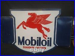 Vintage Old Original Porcelain Enamel Sign Mobil Oil Pigasus & Flange Gasoline