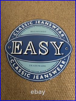 Vintage Original Enamel Advertising Sign Easy Jeansware Blue Round 33.5cm