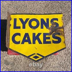 Vintage Original Lyons' Cakes Double Sided Enamel Sign With Wall Bracket/ Flange
