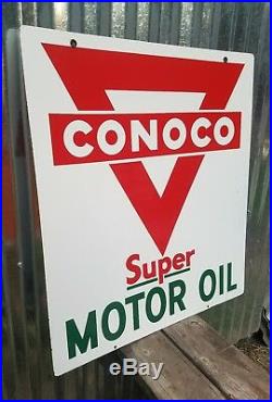 Vintage Original NOS Conoco Super Motor Oil Double Sided Porcelain Enamel Sign