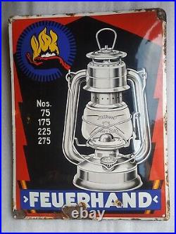 Vintage Original Porcelain Enamel Sign Feuerhand Lantern Germany Concave 1940