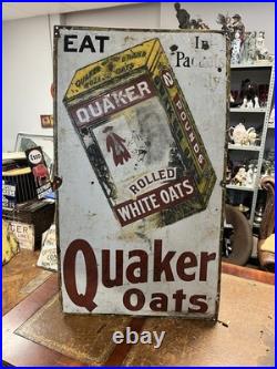 Vintage Original Rare Large Ohio USA Quaker Rolled White Oats Enamel Sign 42x24