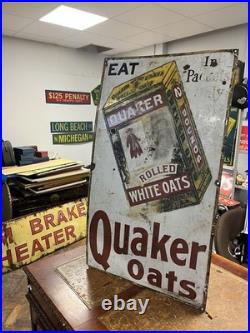 Vintage Original Rare Large Ohio USA Quaker Rolled White Oats Enamel Sign 42x24