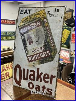 Vintage Original Rare Large Ohio USA Quaker Rolled White Oats Enamel Sign 42x24