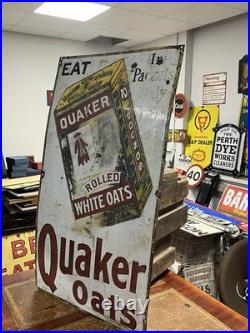 Vintage Original Rare Large Ohio USA Quaker Rolled White Oats Enamel Sign 42x24