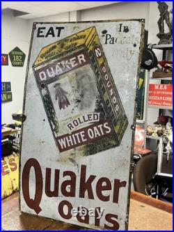 Vintage Original Rare Large Ohio USA Quaker Rolled White Oats Enamel Sign 42x24