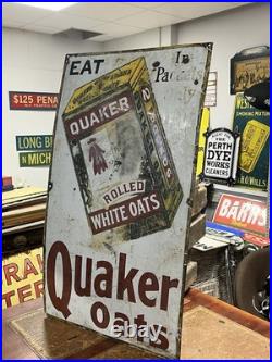 Vintage Original Rare Large Ohio USA Quaker Rolled White Oats Enamel Sign 42x24