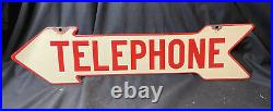 Vintage Original Telephone Enamel Sign Plaque Red Cream Arrow Advertise 2 Sided