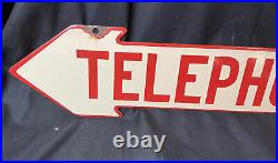 Vintage Original Telephone Enamel Sign Plaque Red Cream Arrow Advertise 2 Sided