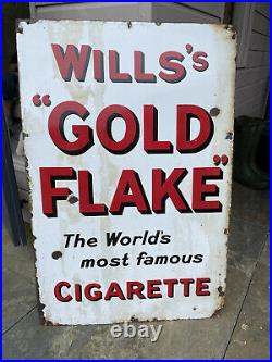 Vintage Original Wills's Gold Flakes Cigarette Enamel Sign 36X24 Man Cave Garage
