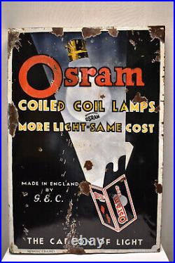 Vintage Osram Bulb Electric Lamp Sign Board Porcelain Enamel Flange Double Sided