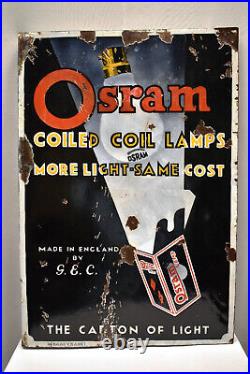 Vintage Osram Bulb Electric Lamp Sign Board Porcelain Enamel Flange Double Sided