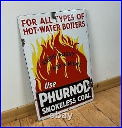 Vintage Phurnod Smokeless Coal Original Enamel Advertising Sign Pictorial Fire