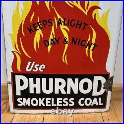 Vintage Phurnod Smokeless Coal Original Enamel Advertising Sign Pictorial Fire