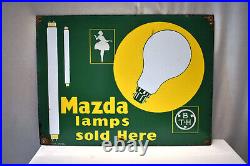 Vintage Porcelain Enamel Sign Board Mazda Lamps Sold Here Advertising Collectibl